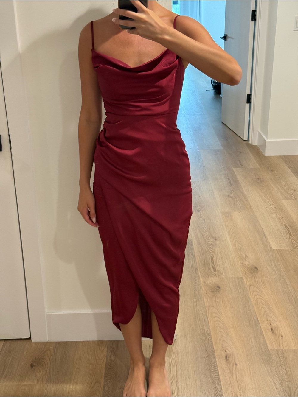 Ever New Burgundy Satin Cowl Neck Draped Midi Dress US 0